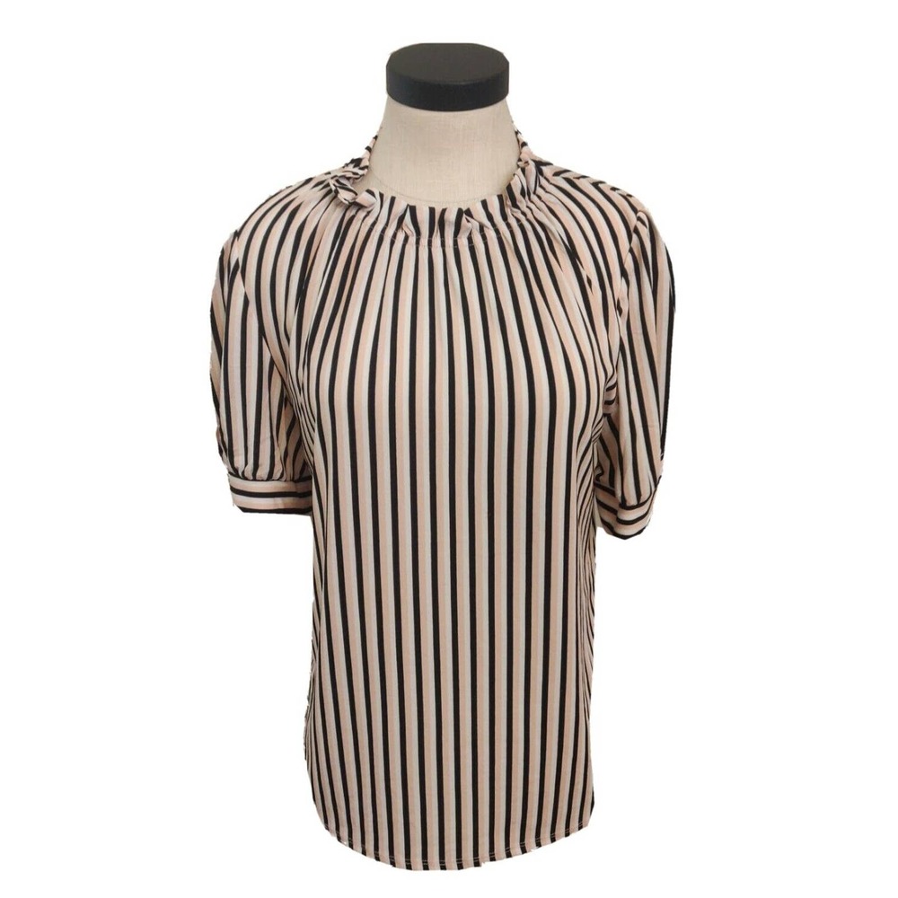 Adrianna Papell Womens Blouse Short Sleeve Sz S Pink Black Stripe Ruffle Neck